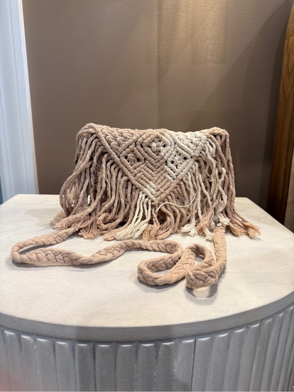 Boho Macramé Fringe Crossbody Bag in Taupe and Cream